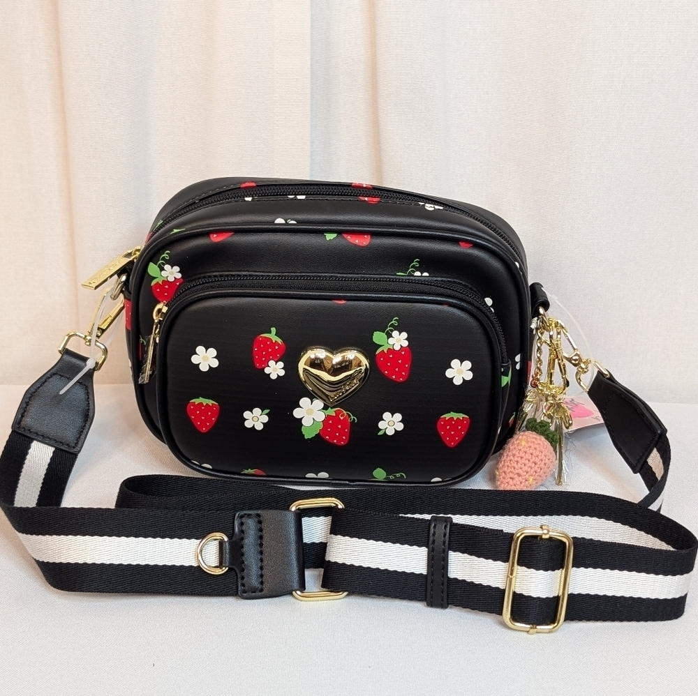 Luv Betsey Johnson Black Strawberry And Daisy Multiple Charm Crossbody Bag - Picture 5 of 9